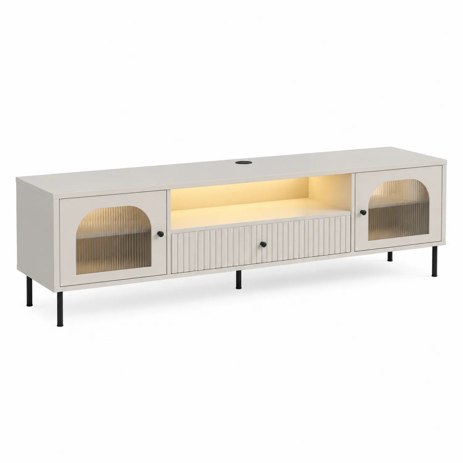 Biała szafka RTV z MDF i falistym szkłem 180x40x50 cm