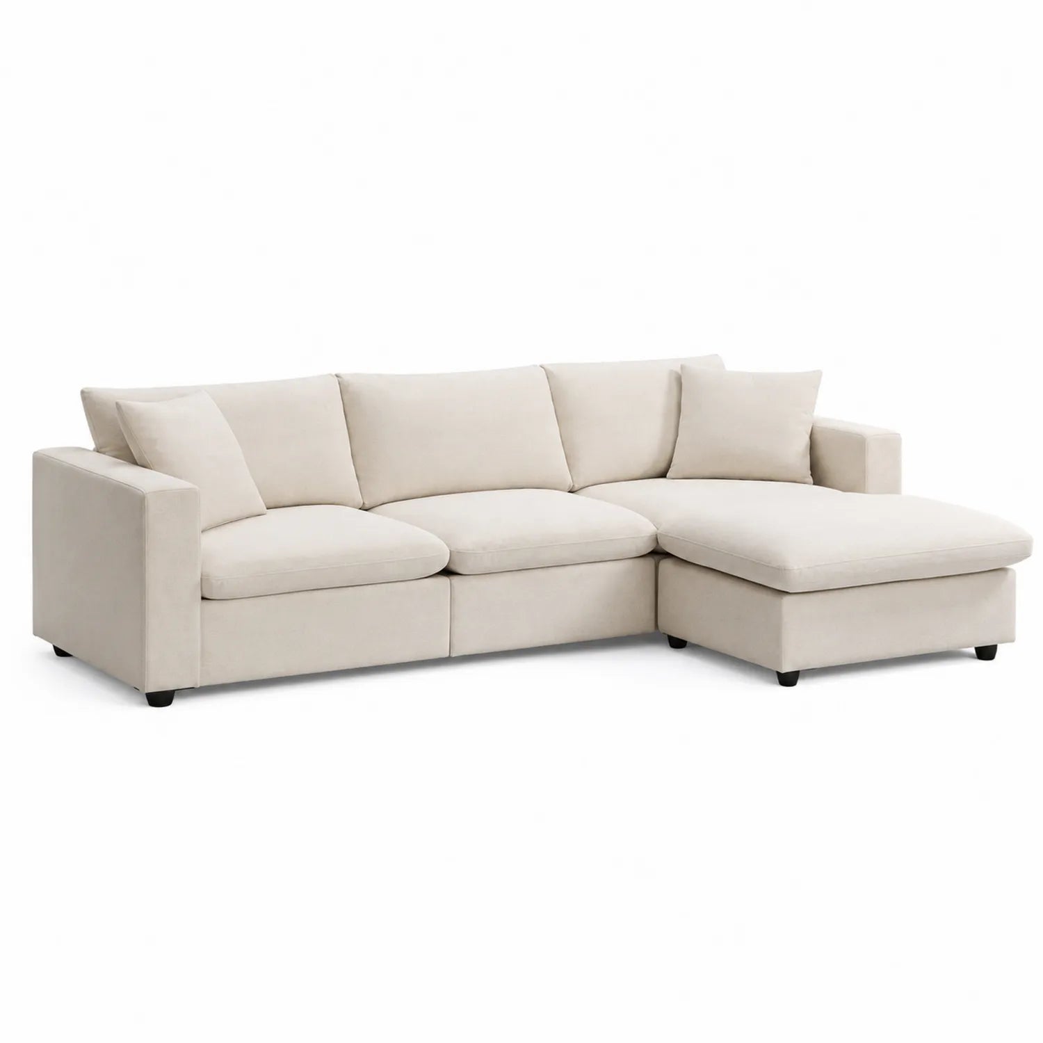 Beżowa sofa narożna z tkaniny, kształt L, wymiary 250 cm x 150 cm x 85 cm