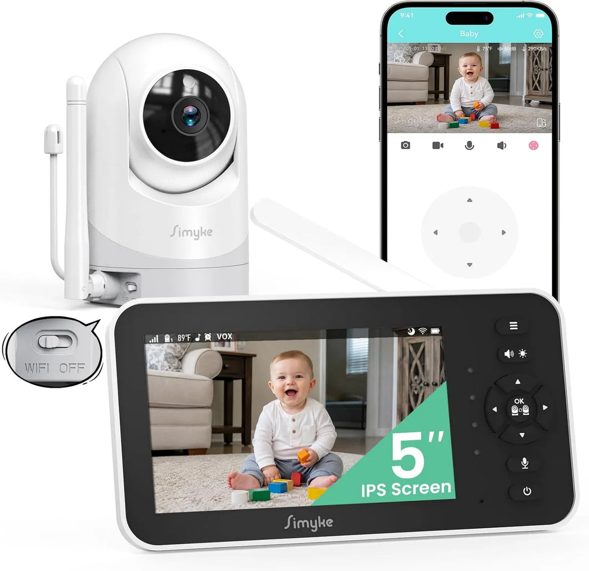 Simyke, PTZ 330 720P Babyphone, Bateria, Aparat fotograficzny, Monitor wideo dla dzieci, WiFi, Wireless