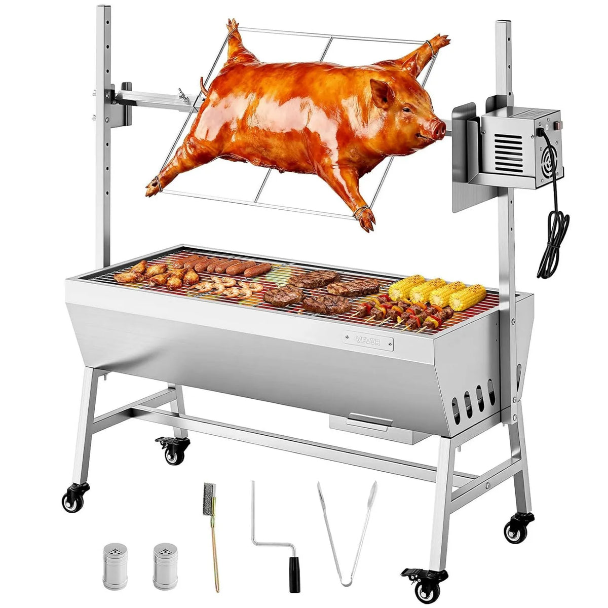 VEVOR, Grill, 38 W, 60 kg, kemping, stal nierdzewna, 7 poziomów, drewno, dla Lamb Porcelet