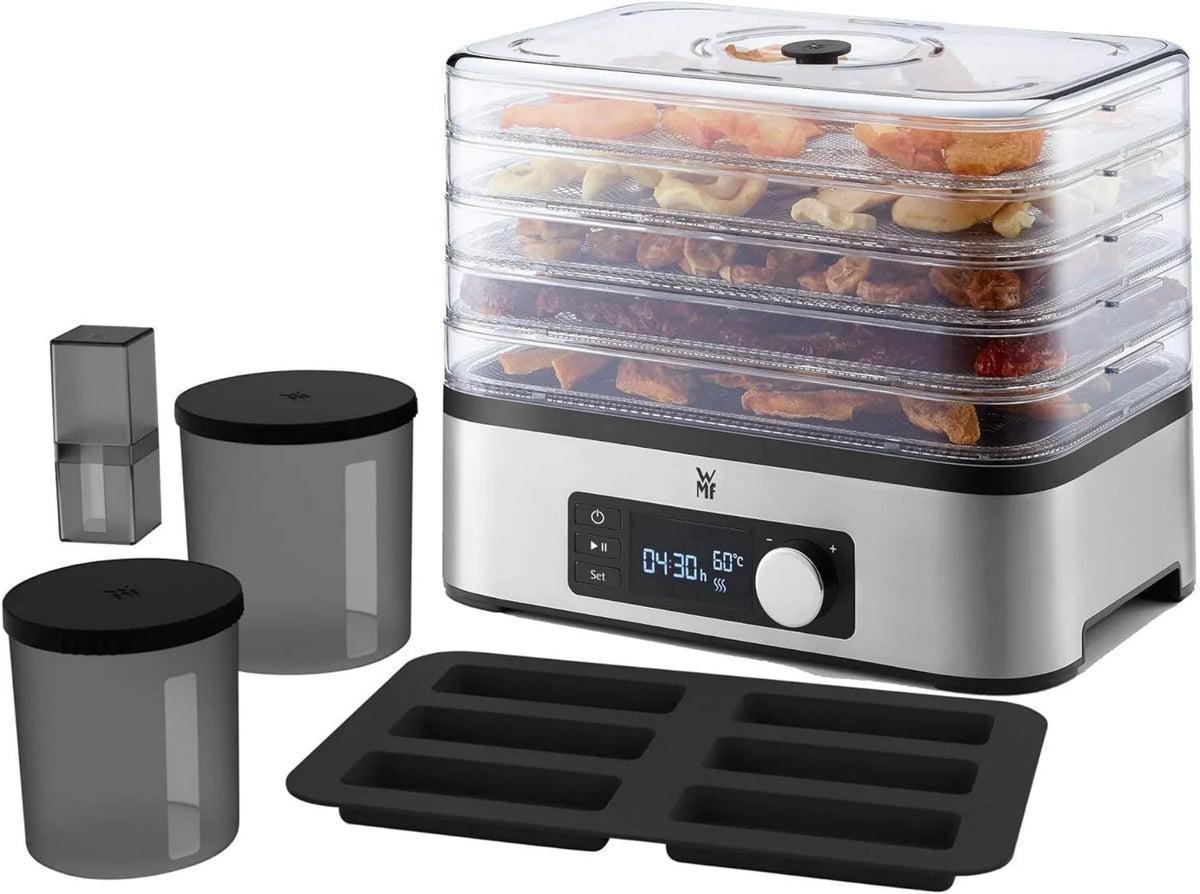 WMF suszarka do żywności, KITCHENminis Dehydrater, Inox, 400 W, 5 Tace bez BPA-, Cromargan 0415250011, Programowalne suszone warzywa owocowe Suszone Grzyby
