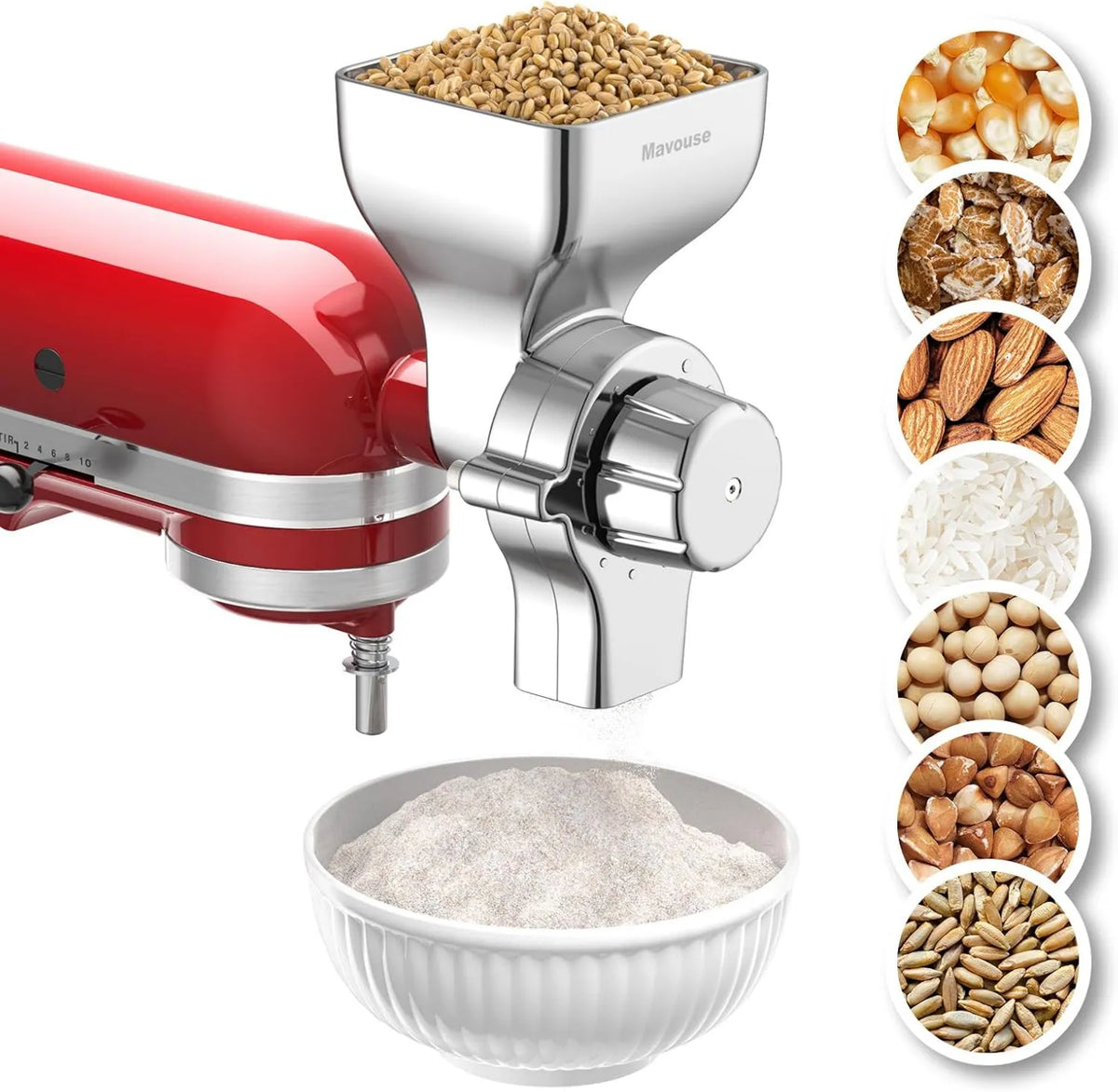 Mavouse, KitchenAid Buckphein, All Metal Mill Assistant for Stand Mixer, 12 poziomów Mąki Mill Grinder do domu, Dopasowanie do mielenia pszenicy, Kukurydza