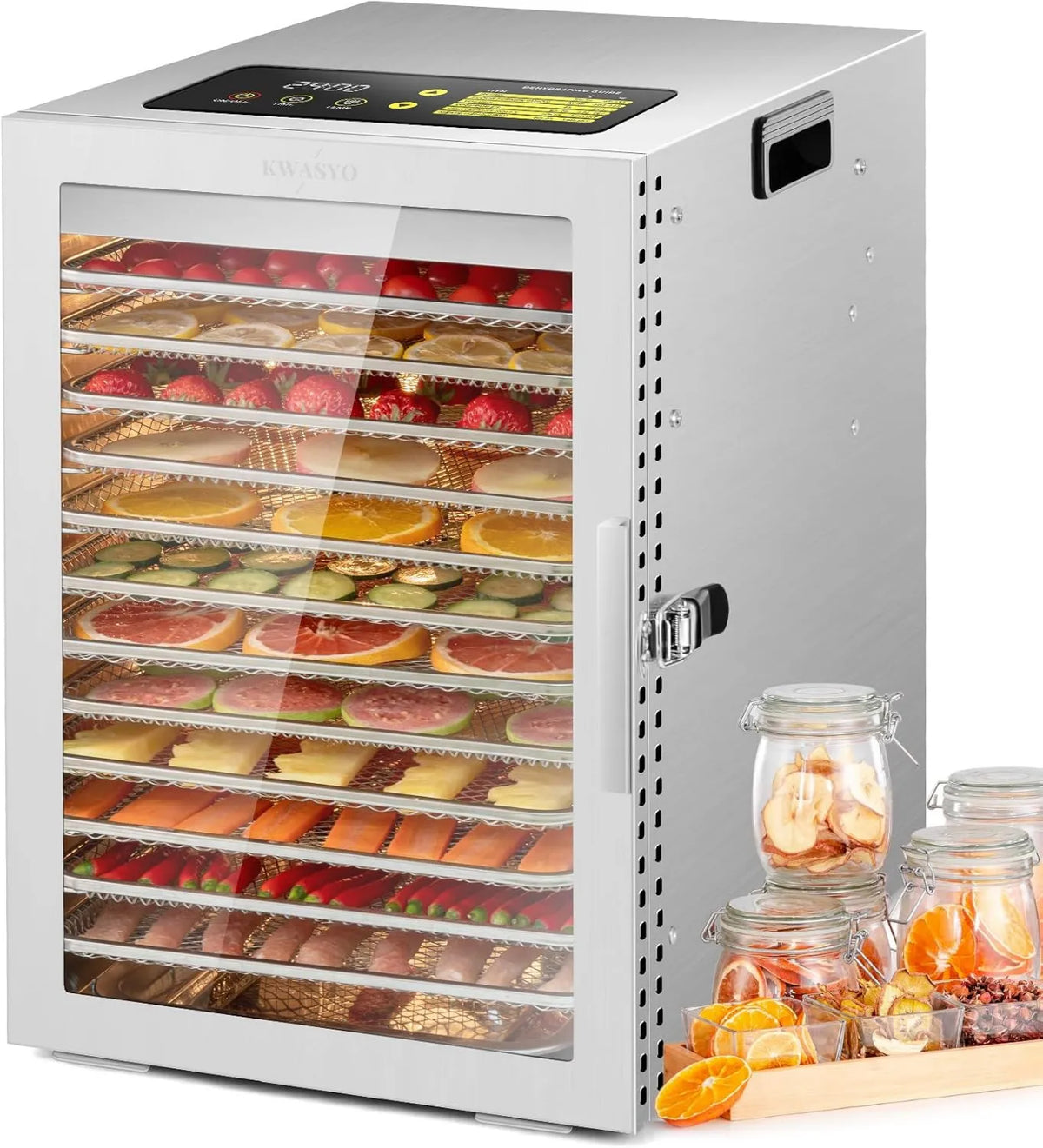 Kwasyo suszarka do żywności, Wentylator 24H, 30 do 90°C, zegar, 2 strefy temperaturowe, stal nierdzewna, Kwasio Deshydrateur Alimentaire z 12 płytami ze stali nierdzewnej