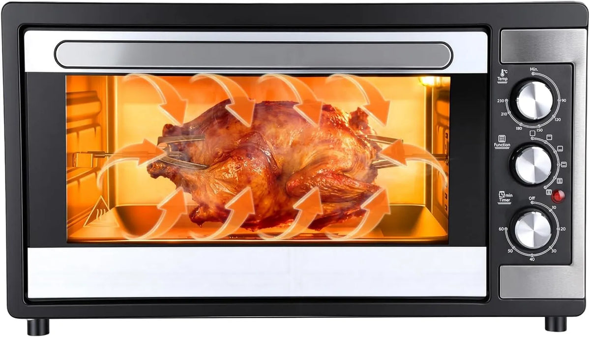 Makamsui mini piekarnik, Elektryczny piec do pizzy, 30 cm, 46 l, 1500 W, 0 do 230°C, licznik, grill, kompaktowy, czarny, tosty chleb, 60 min, obrotowe ciepło 9 w 1 z