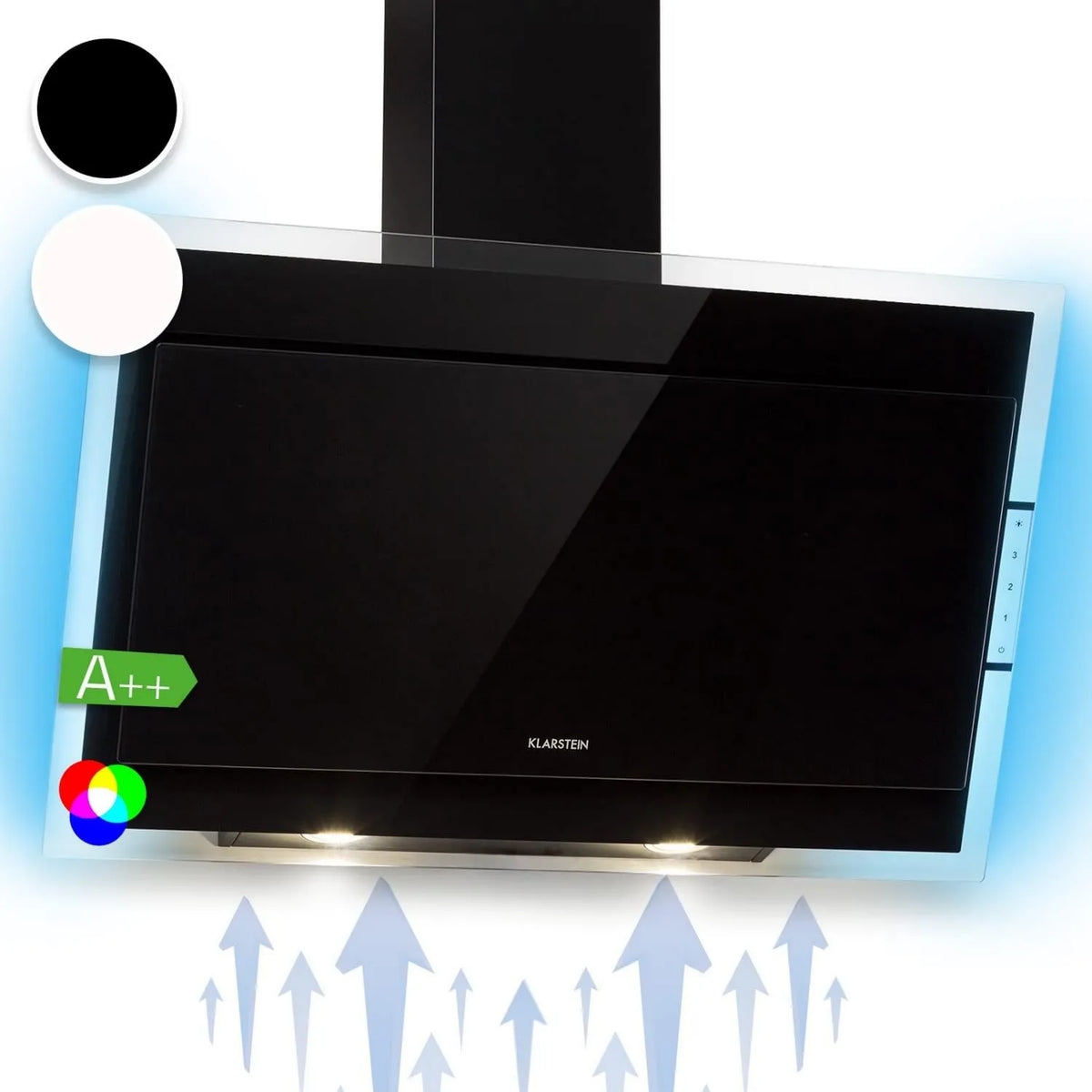 KLARSTEIN okap kuchenny, 90 cm, 550 m3 / h, klasa energetyczna D, montaż ścienny, dotyk, czarny, światło otoczenia RGB m3/h