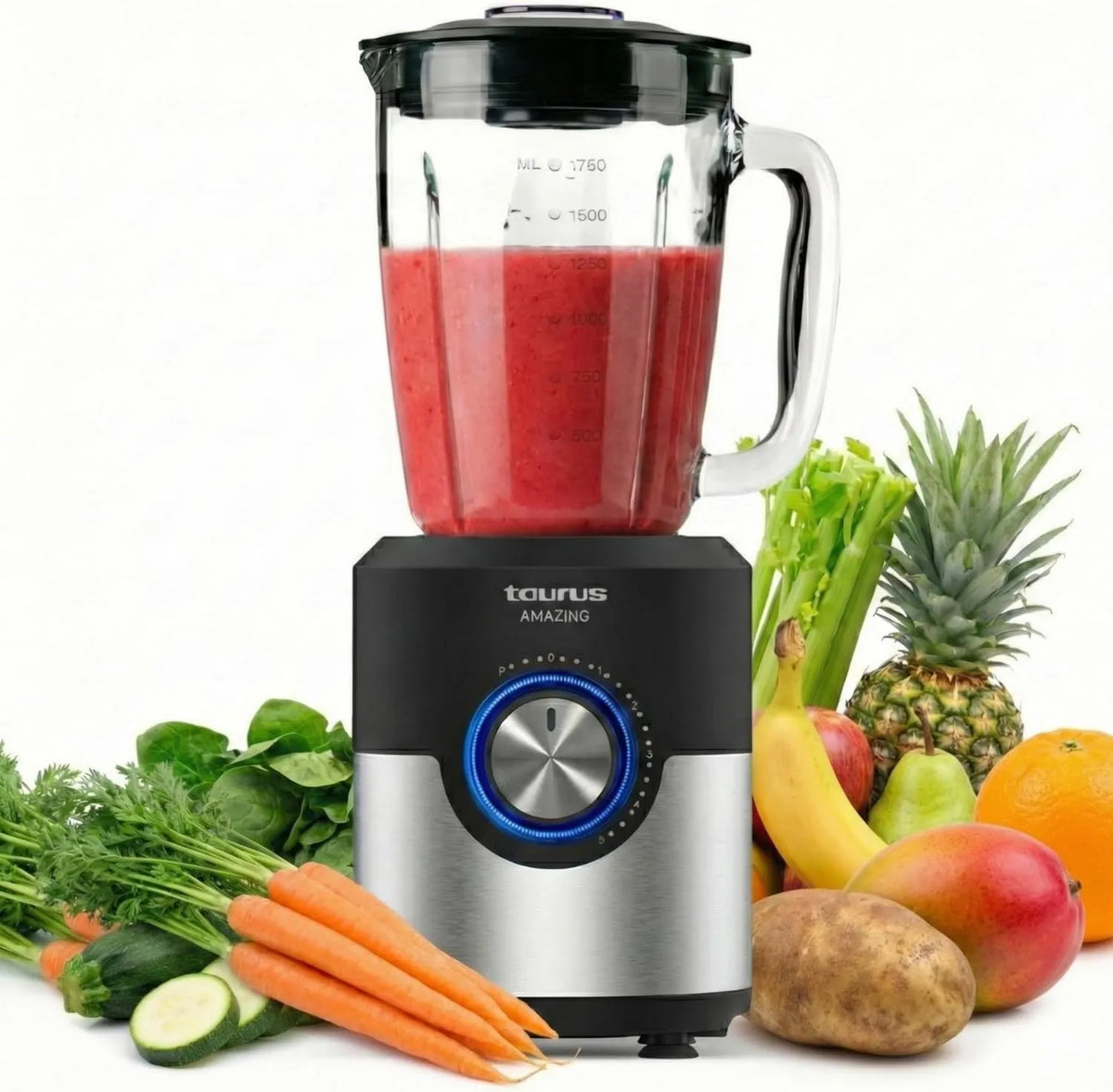 TAURUS blender kielichowy, Miska ze stali nierdzewnej, Oświetlenie LED, blacha czarna, 6 noży, Miska szklana 1, 5 prędkości + Turbo, 75 l, Krzew Ice JB1600XC