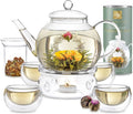 Teabloom, Zestaw do herbaty z em, wyposażony w szklaną czajniczek 1, 2 l, 4 kubki do herbaty, Infuser, podgrzewacz herbaty i 12 herbaty kwiat