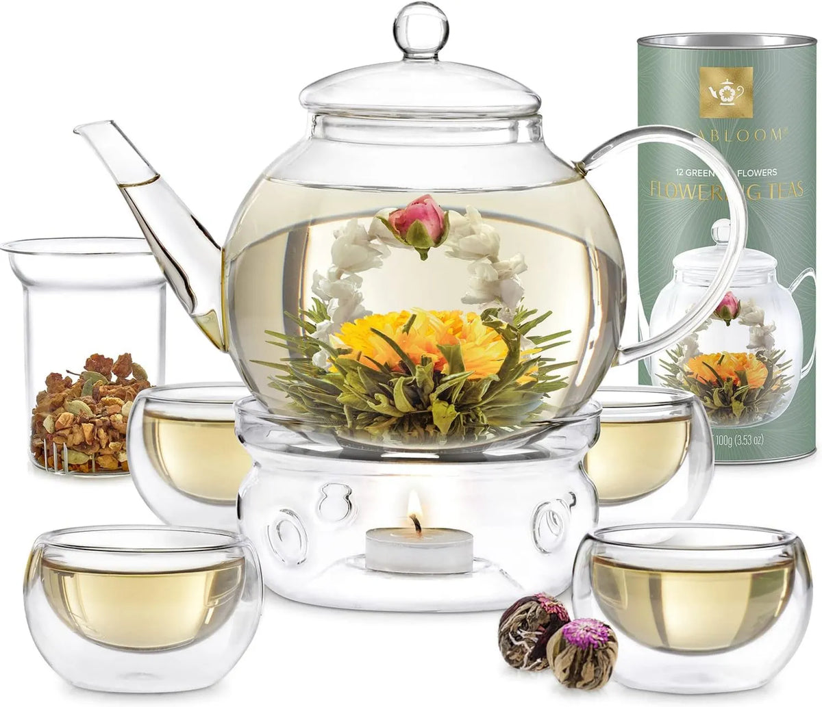 Teabloom, Zestaw do herbaty z em, wyposażony w szklaną czajniczek 1, 2 l, 4 kubki do herbaty, Infuser, podgrzewacz herbaty i 12 herbaty kwiat