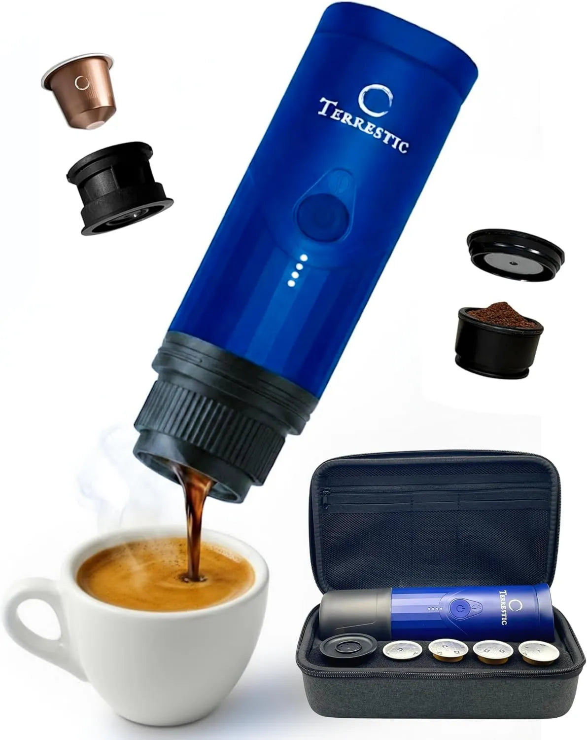 Ekspres ciśnieniowy, 50 ml, 20 bar, zasilanie bateryjne i ładowanie USB-C, niebieski matowy