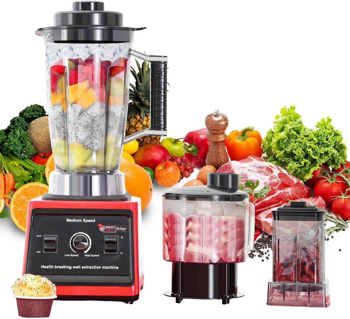 QIAKEFE blender kielichowy, Mikser, 0, 5 l, 700 W, Mikser 3- in-1 1, 5 l / Taśma, czerwony, Extractor Jus 3 l / Coup Meat Broken 0, 700 W Smoothie 38000 Tr / min, bez BPA 3 w 1 1.5 l/Tasse