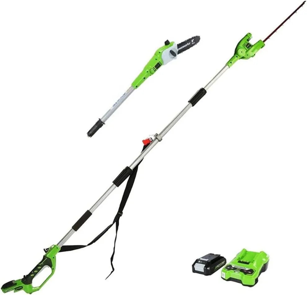 Greenworks G24PSHK2 nożyce do żywopłotu, 20 cm, zasilanie akumulatorowe, Akumulatorowa piła i słup 2 w 1, piła słupowa 20 cm pręta, 51 cm