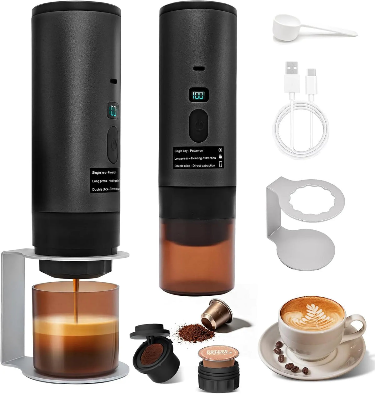 Sonnenspark, 3- in-1 7800 mAh, przenośne ekspres do kawy, USB, czarny, kompatybilne NS / DG / Café Moulded, USB- C Ładowanie funkcji 3 w 1