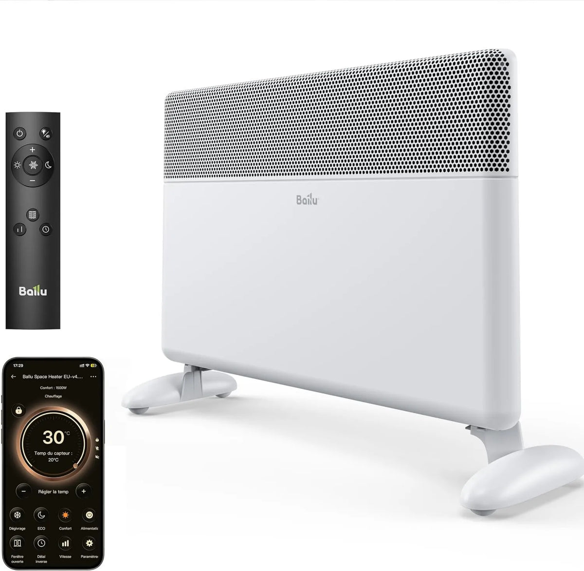 Ballu grzejnik elektryczny, Elektryczny grzejnik, 1500 W, koła poruszające, Wi-Fi, termostat, biały, App & Remote sterowanie