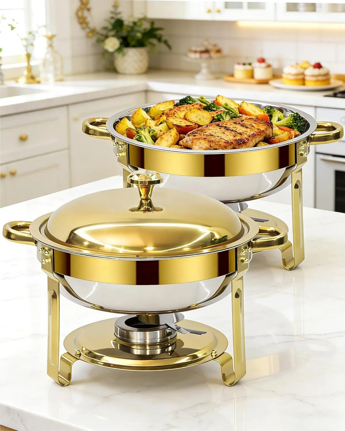 SXNIWBAI, Złoto i srebro, Okrągły Buffet podgrzewany, dla restauracji, Okrągłe Buffet 2 części Ugorowany płaski, Ogrzewane na gorąco Ogrzewane Podgrzewane