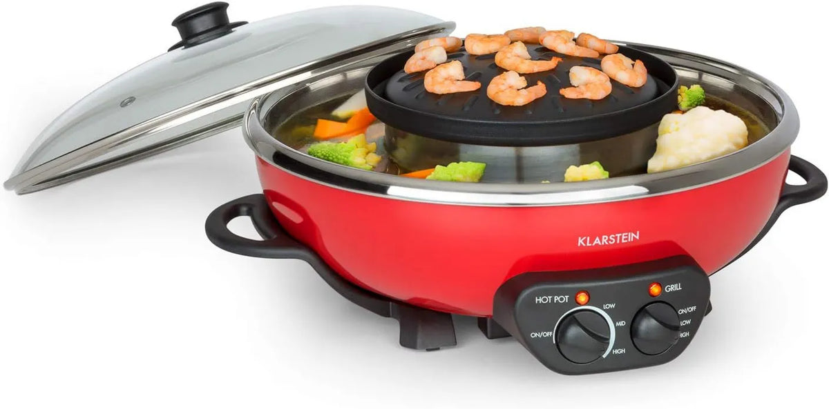 KLARSTEIN grill elektryczny, Szechuan, Objętość garnka do gorącego potu: 5 litrów, płyta do gorącego potu i grillowania, Gril 1350 watów / 38 cm Ø, Płyta o zawartości: 600 watów / 22 cm Ø