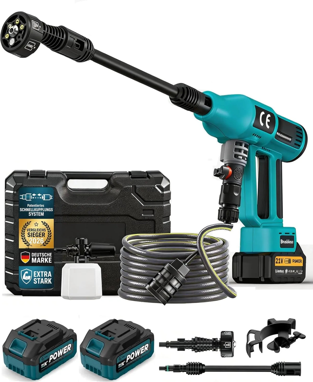 Purova, Wysokie ciśnienie czyszczące 4.0Ah 6- in-1, 1500 W, wyświetlacz LCD, niebieski, silnik bez miotły 1500 W, Buse & Pipe 5m, 600 l / h, 2X Baterie 6-en-1