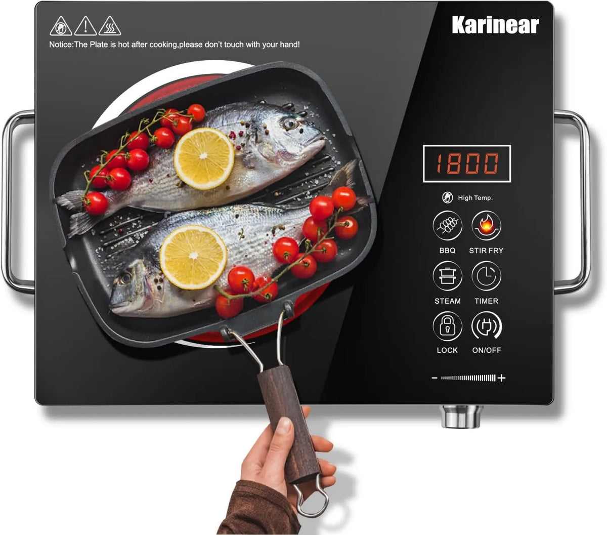 Karinear płyta grzewcza, Płyta ze szkła ceramicznego, 1 kominek, 220 V, przenośny, dotykowy, minutnik, blokada, kemping, 650°C Max, z gniazdem, Bezpieczeństwo dla dzieci