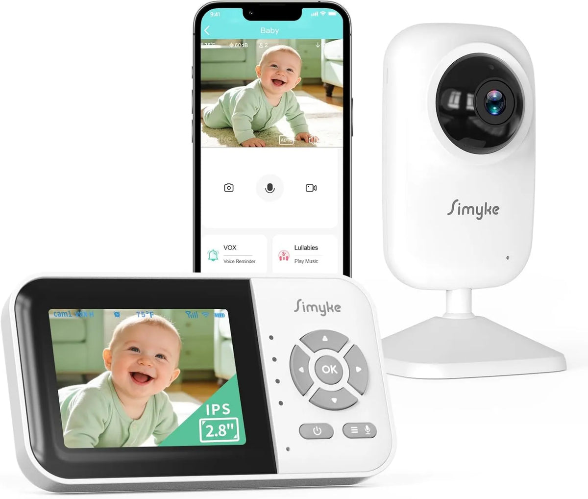 Simyke, 2500 mAh Babyphone, Bateria, kamera, monitor wideo dla dzieci, Wi-Fi, płyta IPS, bezprzewodowy