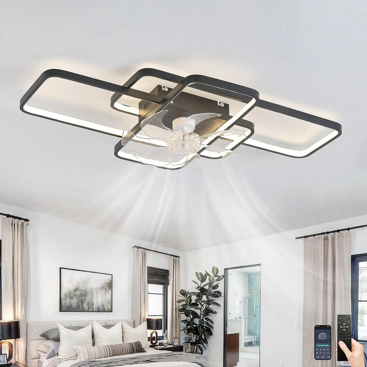 SXWNBIFH, Wentylator, 103 cm, licznik czasu, oświetlenie LED, dekoracja salonu, tłumik, czarny, odwracalny i cichy, 6 prędkości