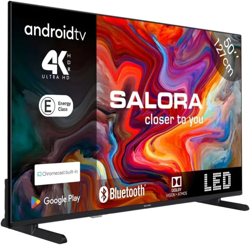 SALORA telewizor, Smart TV, 50 cali, E- class, 3 HDMI, TV, SMART50TV, 4K UHD, HDR, WiFi, Bluetooth, Android OS, HDR10 +, podłączony