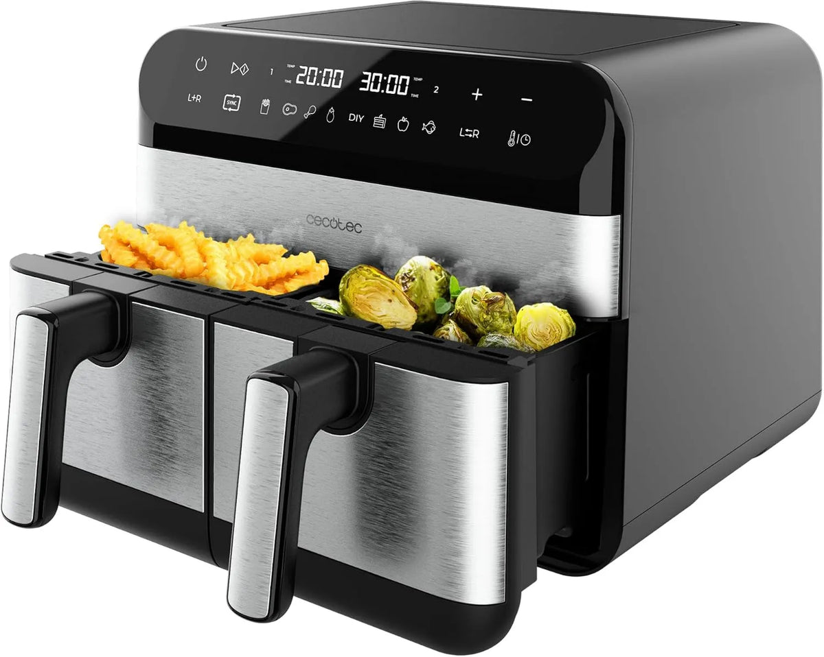 Cecotec frytkownica beztłuszczowa, suszarka na gorące powietrze, 4, 5 l, 2800 W, 7 programów, 80 do 200°C, dotyk, 2 strefy temperatury, stal nierdzewna, 2 Płyty 4