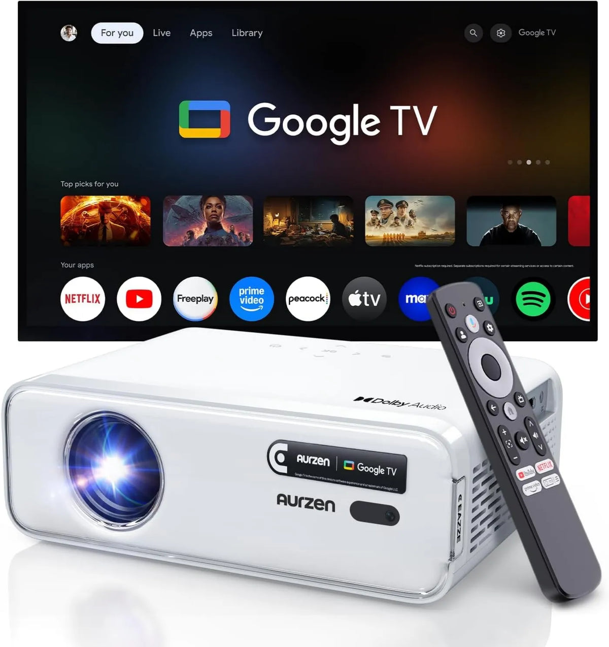 Aurzen projektor, Google 1080P Smart TV, TV, 4K UHD, WiFi, Bluetooth, 4K obsługiwane, EAZZE D1 GTV z Google TV, Native 1080P, Zoom