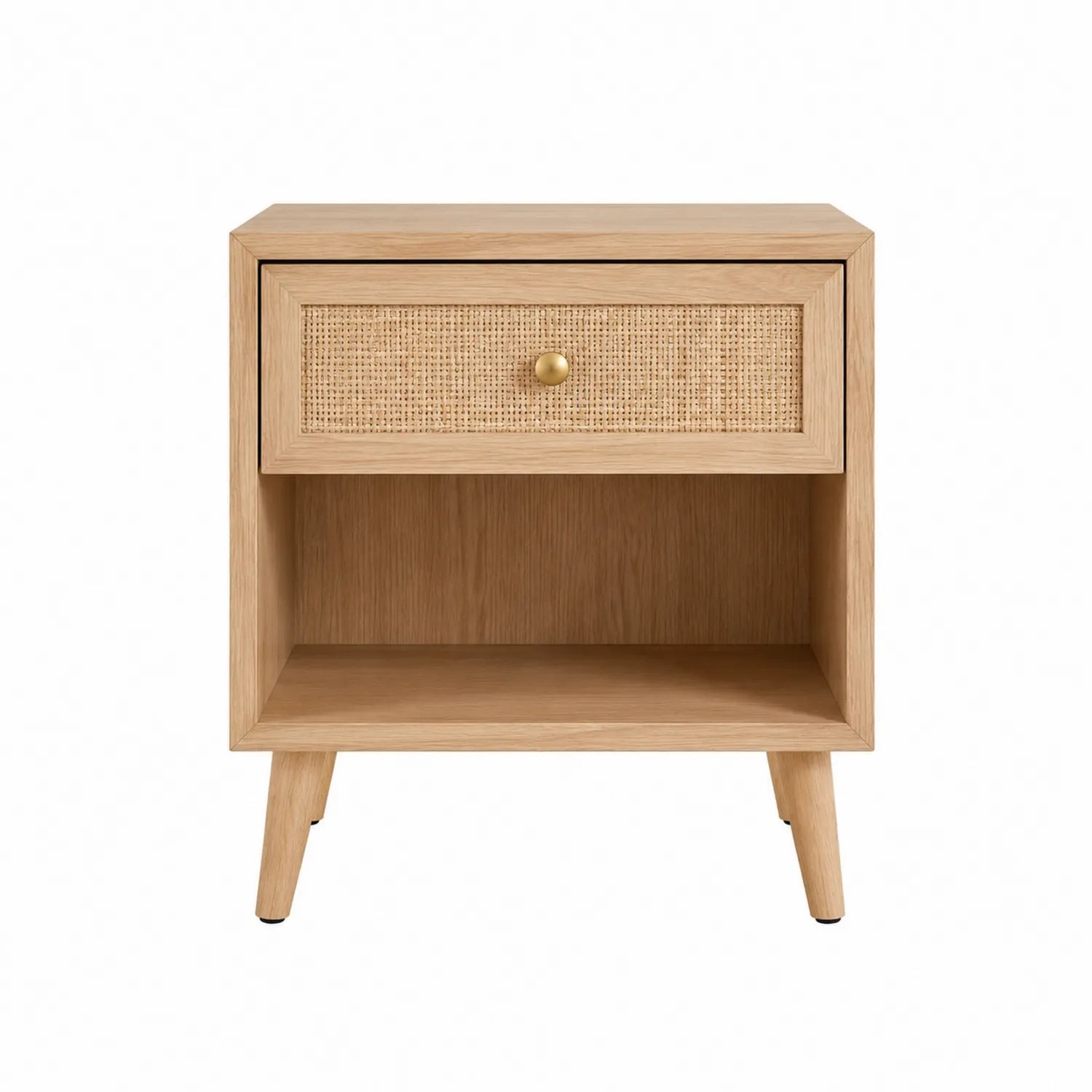 Stolik nocny z drewna dębowego i rattanu 45cm x 55cm x 35cm