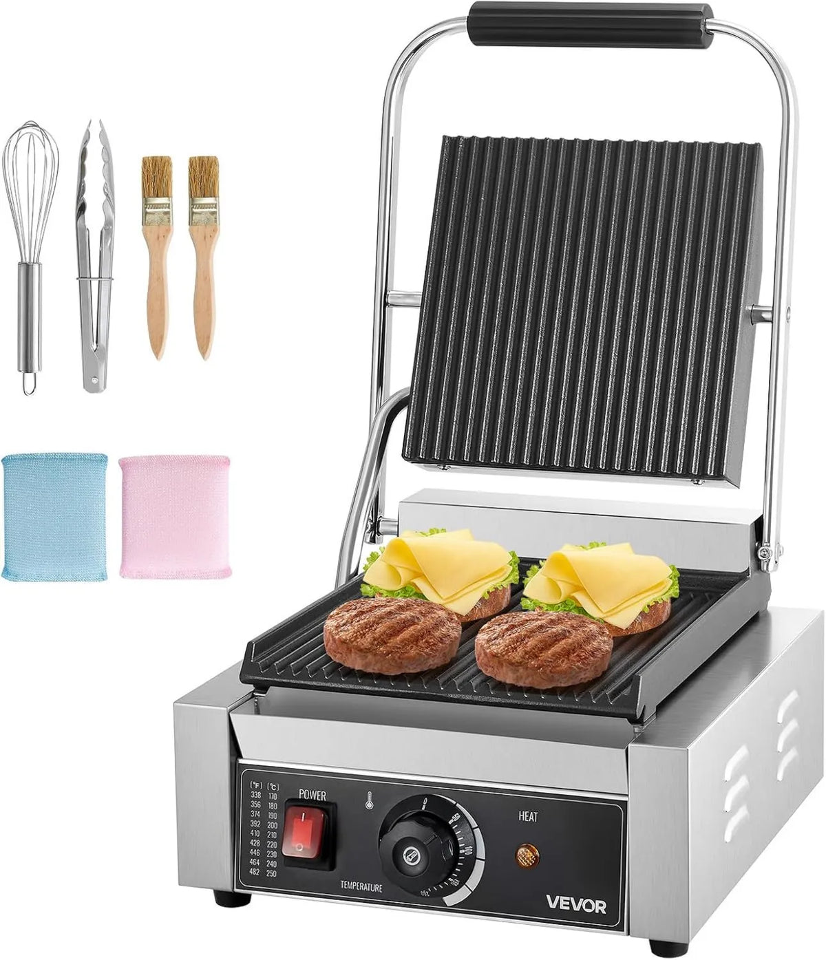 Prostownica, 1800 W, 23 cm, 22 x 23 cm, VEVOR Profesjonalna elektryczna płyta do kanapek, ze stali nierdzewnej z uchwytem i kontrolą temperatury