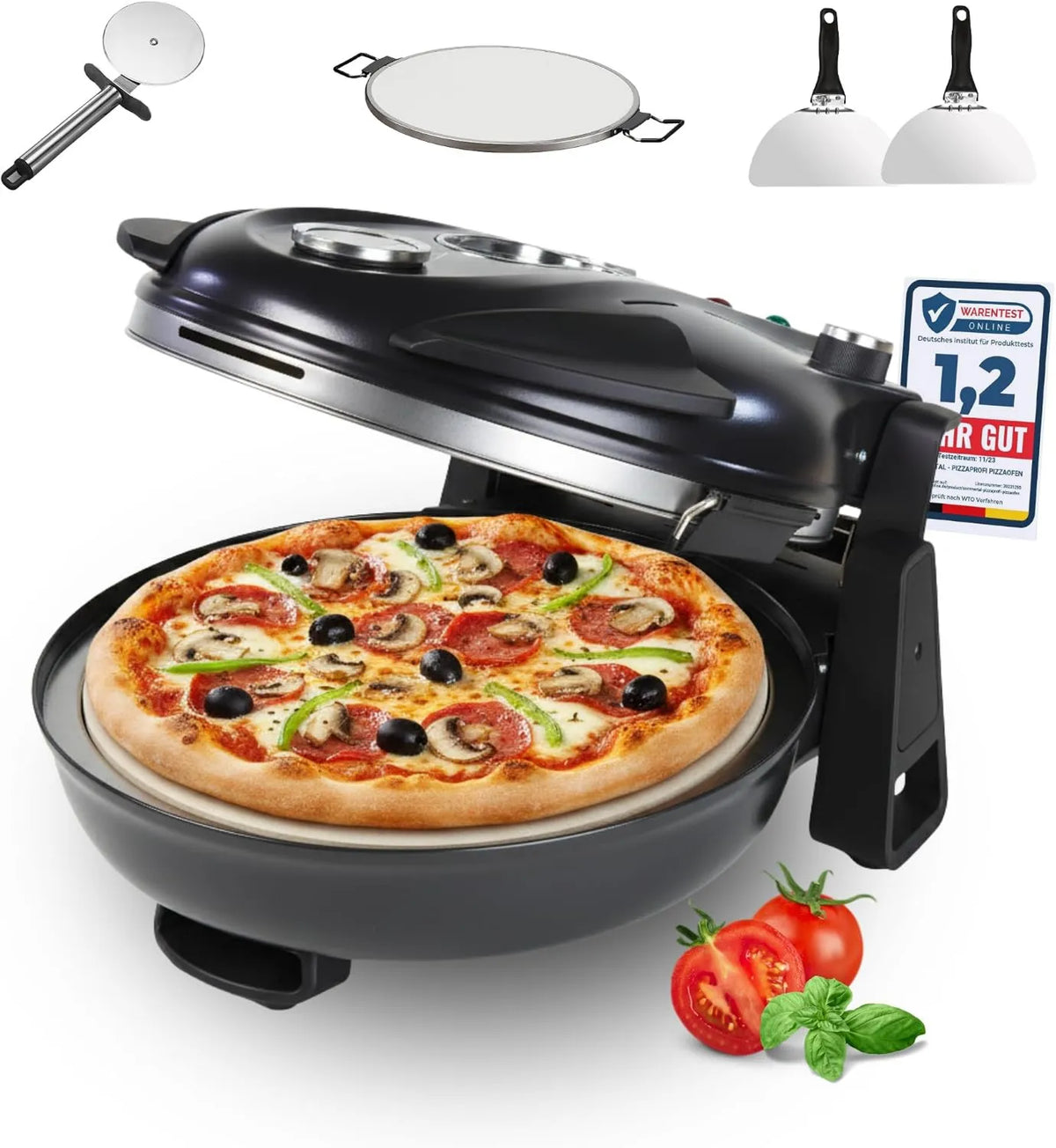 Sommertal piec do pizzy, Elektryczny, 32 cm, 2x łopata do pizzy, Zestaw 5 sztuk z wkładką kuchenną, do 400°C, kamień do pizzy, nóż