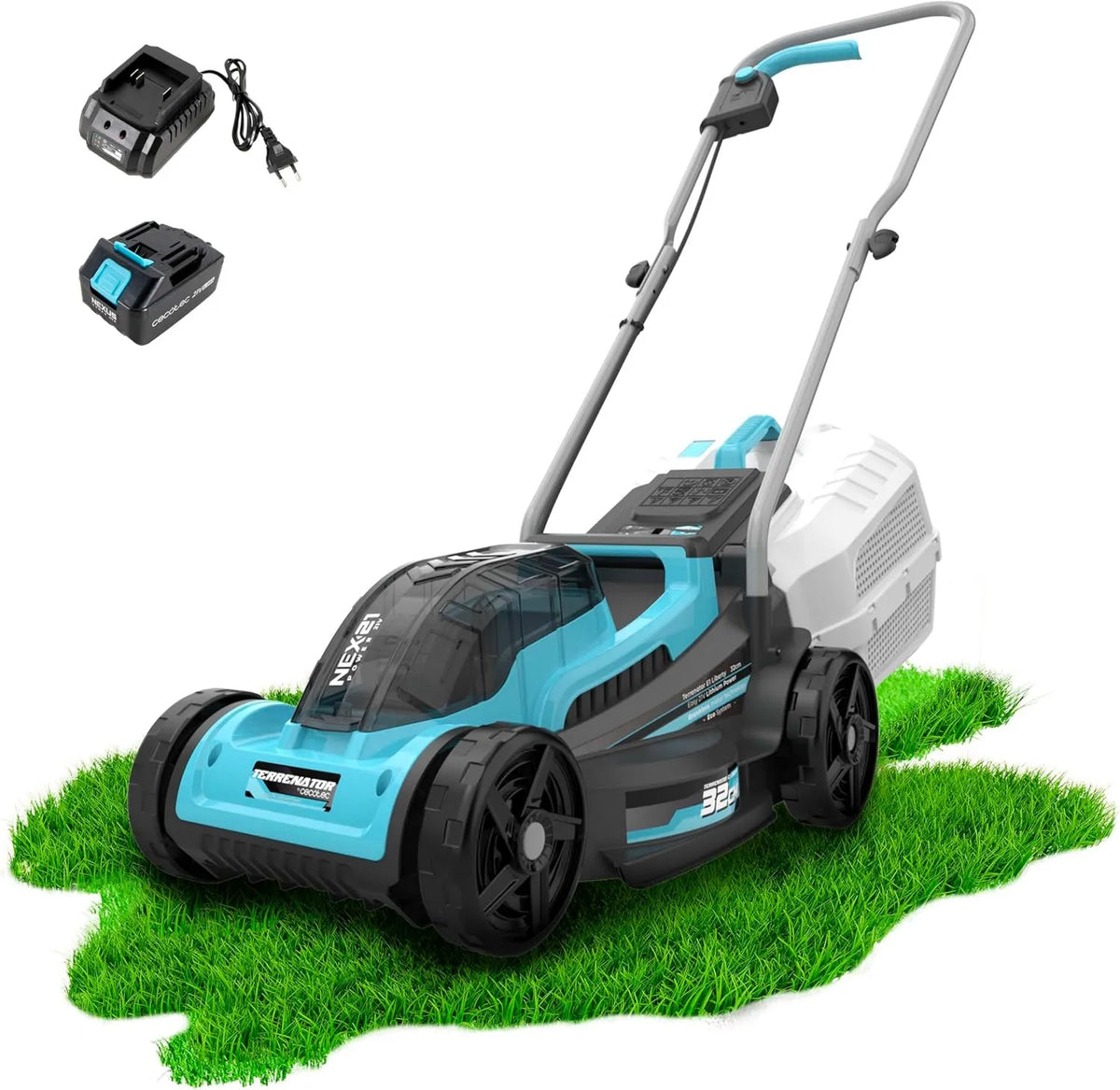 Cecotec E1 kosiarka, 32 cm, silnik bezszczotkowy, zasilanie akumulatorowe, regulacja ustawień, zasilany jednym akumulatorem 21 V 4 Ah