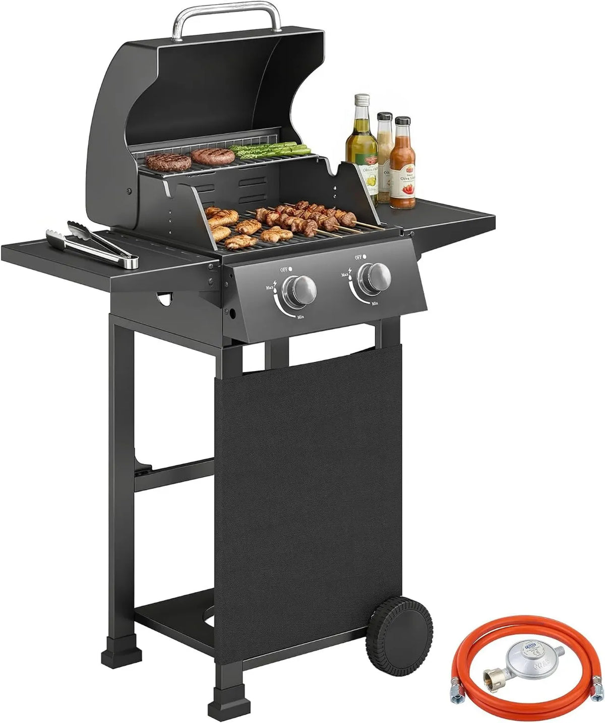 Outsunny grill gazowy, 5,4 kW, 2 palniki, funkcja grilla, stalowy grill grillowy wraz ze składanym stolikiem bocznym, ruszt do podgrzewania
