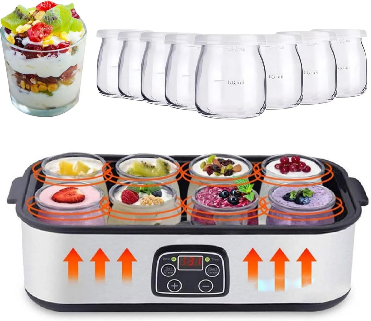 Generic, Jogurt cyfrowy z wyświetlaczem LCD, zawiera 8 szklanych słoików na jogurt i domowe desery, pojemność 1400 ml