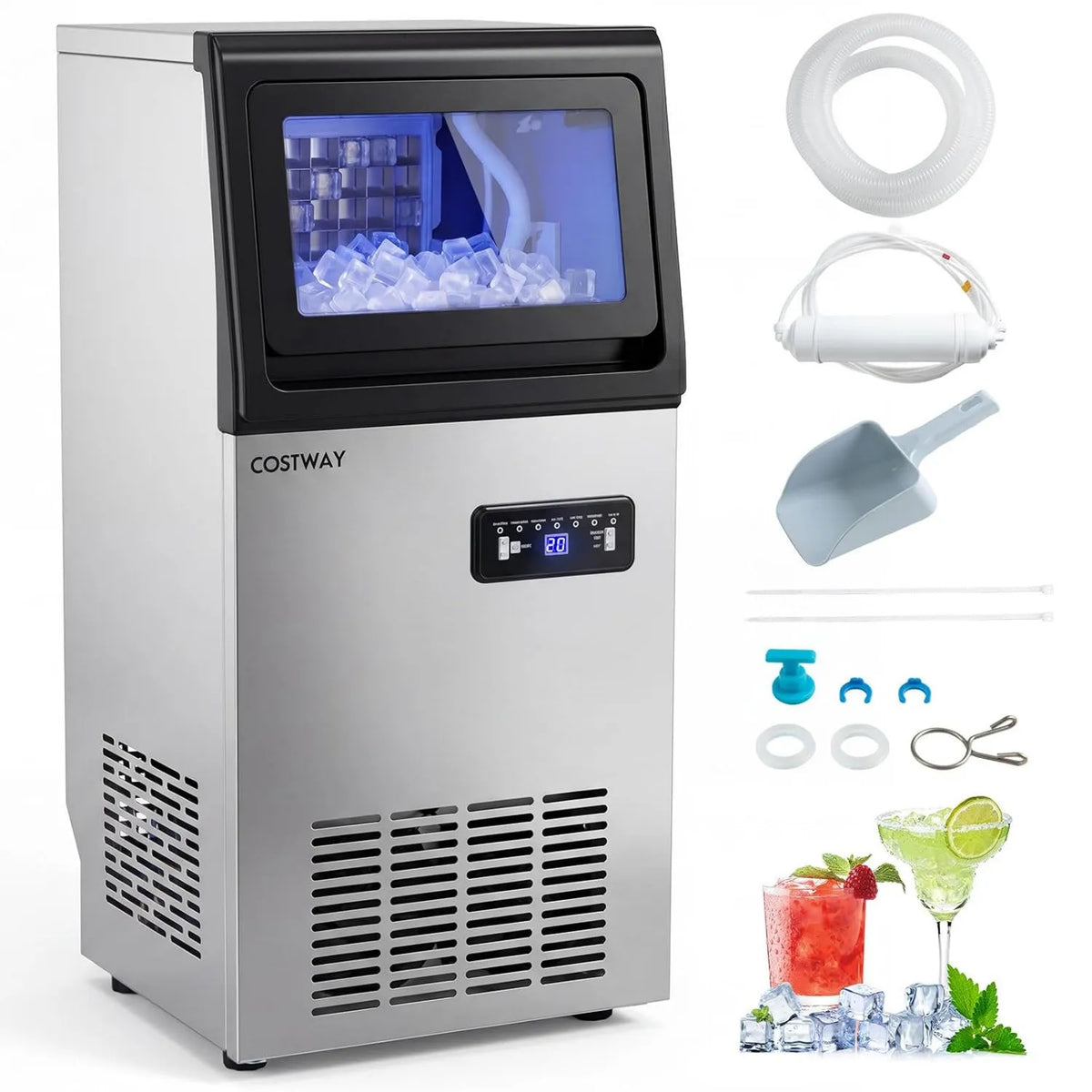 COSTWAY kostkarka do lodu, 24h, zegar, profesjonalny, Office House Restauracja, stal nierdzewna, 36 kostek w 13 min, Magazynowanie 11 kg