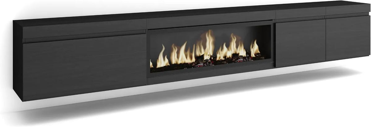 Skraut Home, Szafka TV, 288x45x35 cm, czarny, XXL elektryczny kominek, duży format TV