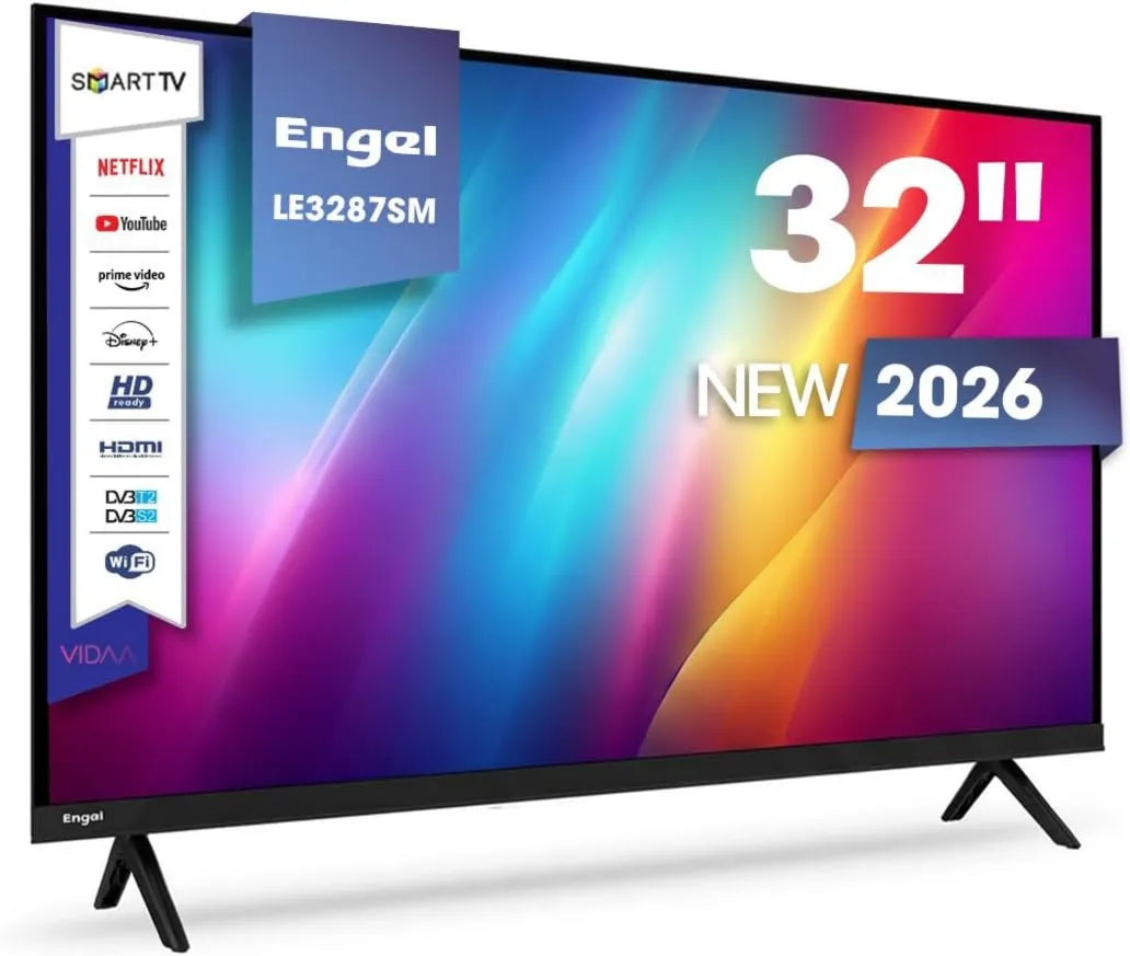 Engel telewizor, Inteligentny, 32 cale, 200 × 100, TV, LE3287SM, dźwięk Dolby, HDMI, USB, DVB- T2, nagrywania PVR, tryb hotelowy i VESA 200 x 100, 2 HDMI DVB-T2