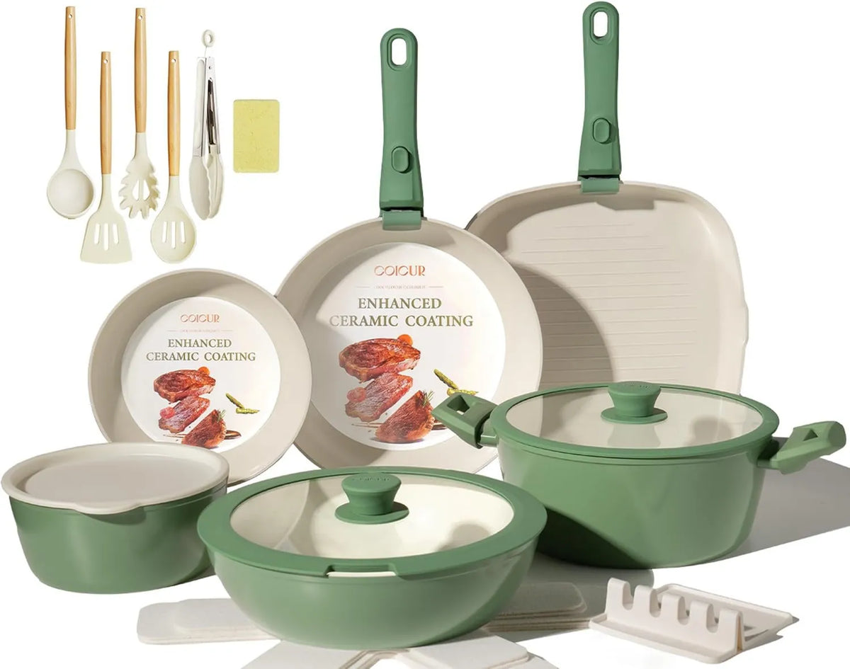 Coicur, Zmywarka, wyjmowana, zielona, nieprzylegająca do kija bateria kuchenna w ceramice nietoksycznej, kuchenkach i zapiekaczach zestaw 23 sztuk