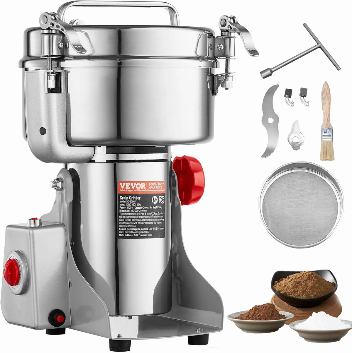 Młynek do kawy, 2000 g, 3400 W, VEVOR 2000 g Elektryczny młynek do zbóż, komercyjny młynek do przypraw 3400 W, do suchych ziaren