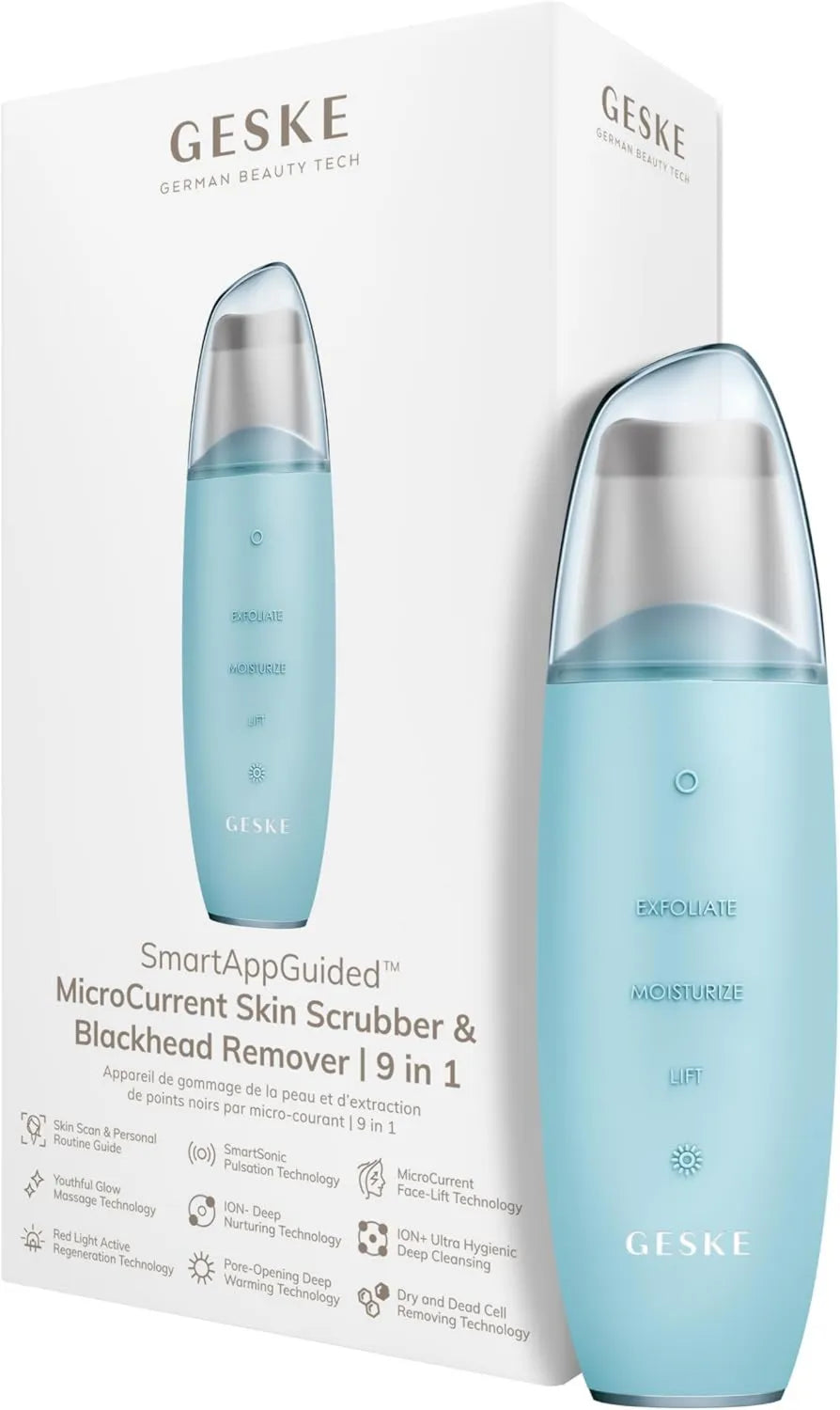 GESKE, Czyszczenie twarzy, 9 w 1, SmartAppGuidedTM MicroCurrent Skórę Scrubber & Blackhead Remover, narzędzia do pielęgnacji skóry