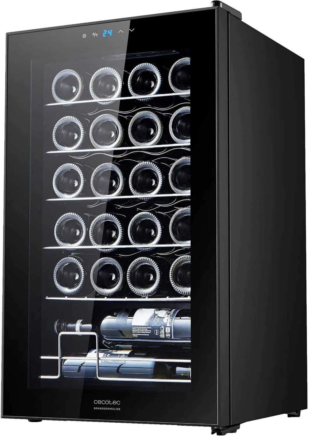 Cecotec chłodziarka do wina, Bolero GrandSommelier 2450 Winiarnia elektryczna, 24 butelki, 5 do 18°C, 2 strefy temperaturowe, dotyk, czarny, kompresor