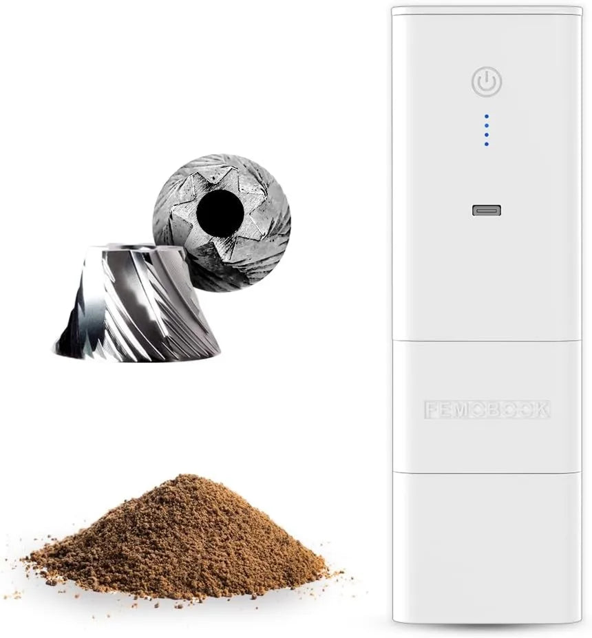 Femobook, Mill, przenośny, młyn ziaren kawy, młyn elektryczny, do użytku na zewnątrz, wireless, biały