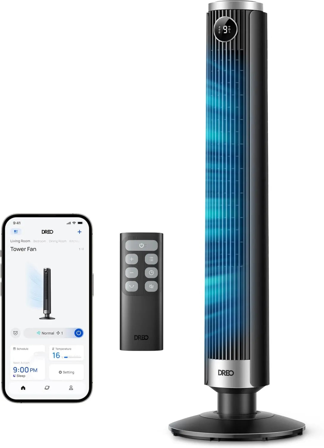 DREO, Google 554S Wentylator, 114 cm, 20 dB, zegar, 90 ° oscylacja, tłumik, asystent Google, Alexa i Siri, 4 tryby, 9 prędkości