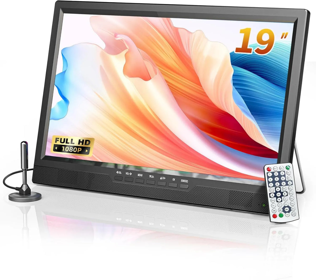 Desobry, Smart TV 1080P, 19 cali, 12 V, TV, przenośne, DVB- T2, kemping, Mały telewizor z baterią i zintegrowane wsparcie, kuchnia, sypialnia DVB-T2