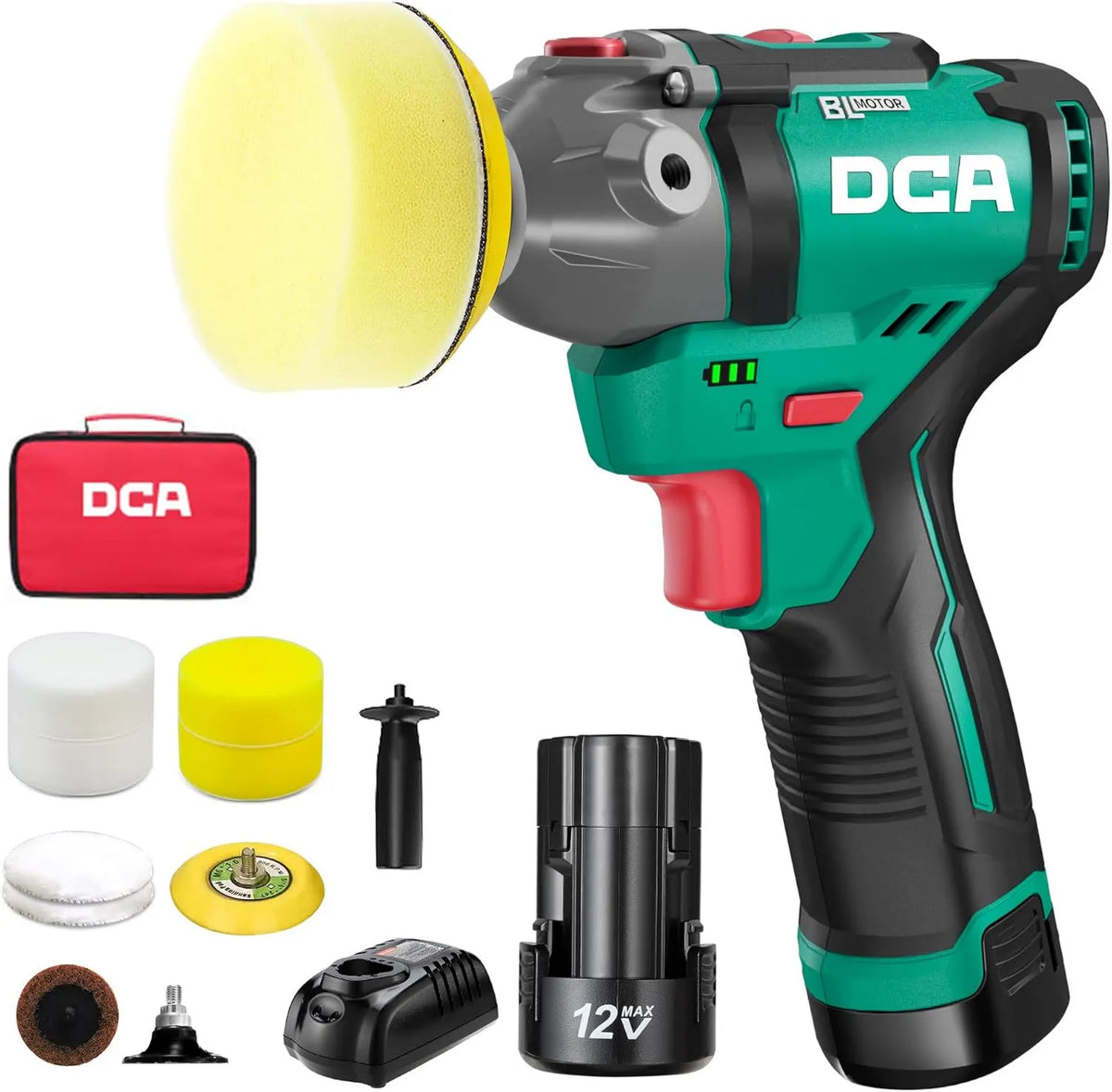 DCA, 2 Baterie 2.0Ah, Mini Maszyna do parowania 12 V, 75 mm Mini Maszyna polerowania Bezszczotkowa i 50 mm Piaskowiec, 2 prędkości 2800- 8300 obr. / min