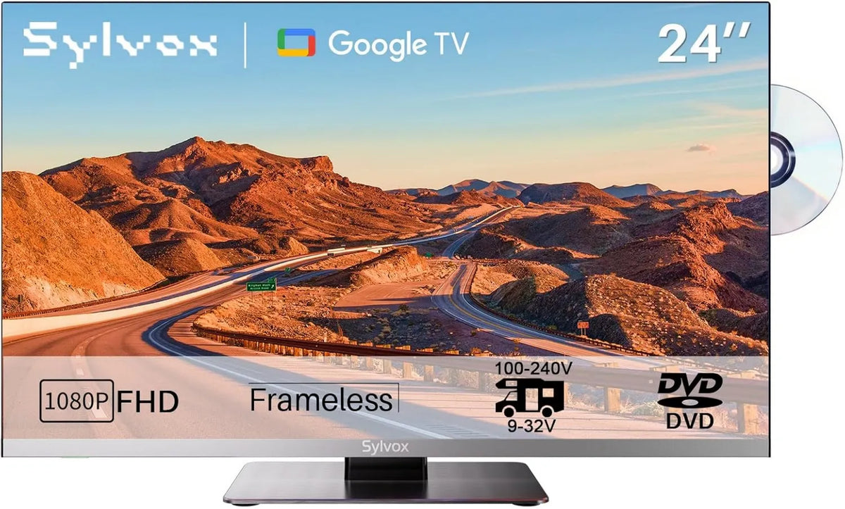 SYLVOX telewizor, Google 1080P 100- 240 V Smart TV, 24 cali, 12 V, TV, potrójny tuner DVB- T2, S2, HDMI, USB, DVB- S2, kemping, odtwarzacz DVD zintegrowany, 12 V TV Wide 100-240 V DVB-T2 DVB-S2